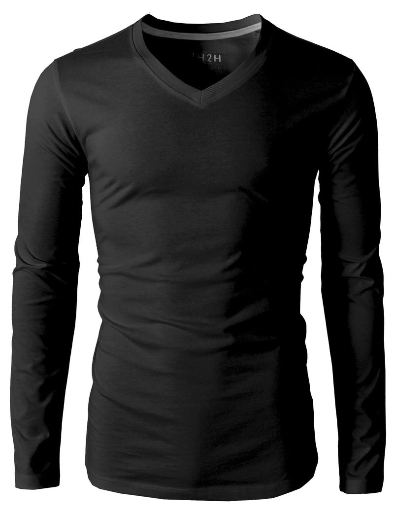 H2H Mens V-Neck Long Sleeve Casual T-Shirt Black US L/Asia XL (KMTTL0374) - Image 2
